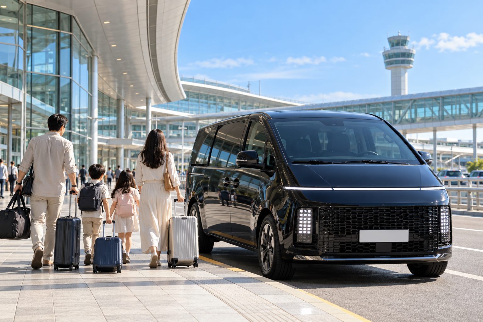 맑은 날 공항 승차장에서 여행객이 짐을 들고 검은 스타리아 차량에 탑승하는 모습